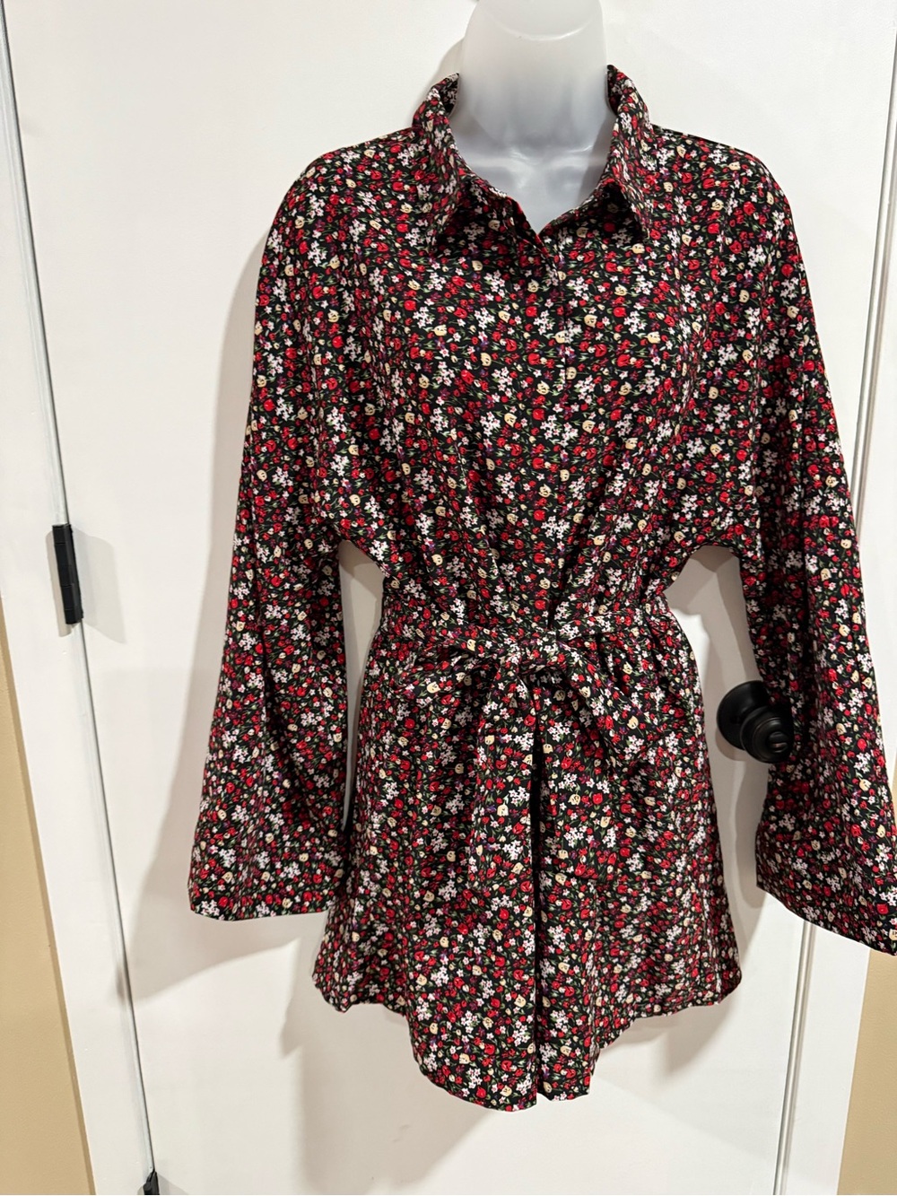 Vici Black Floral Button-Up Romper with Red and Cream Blossoms-#1535